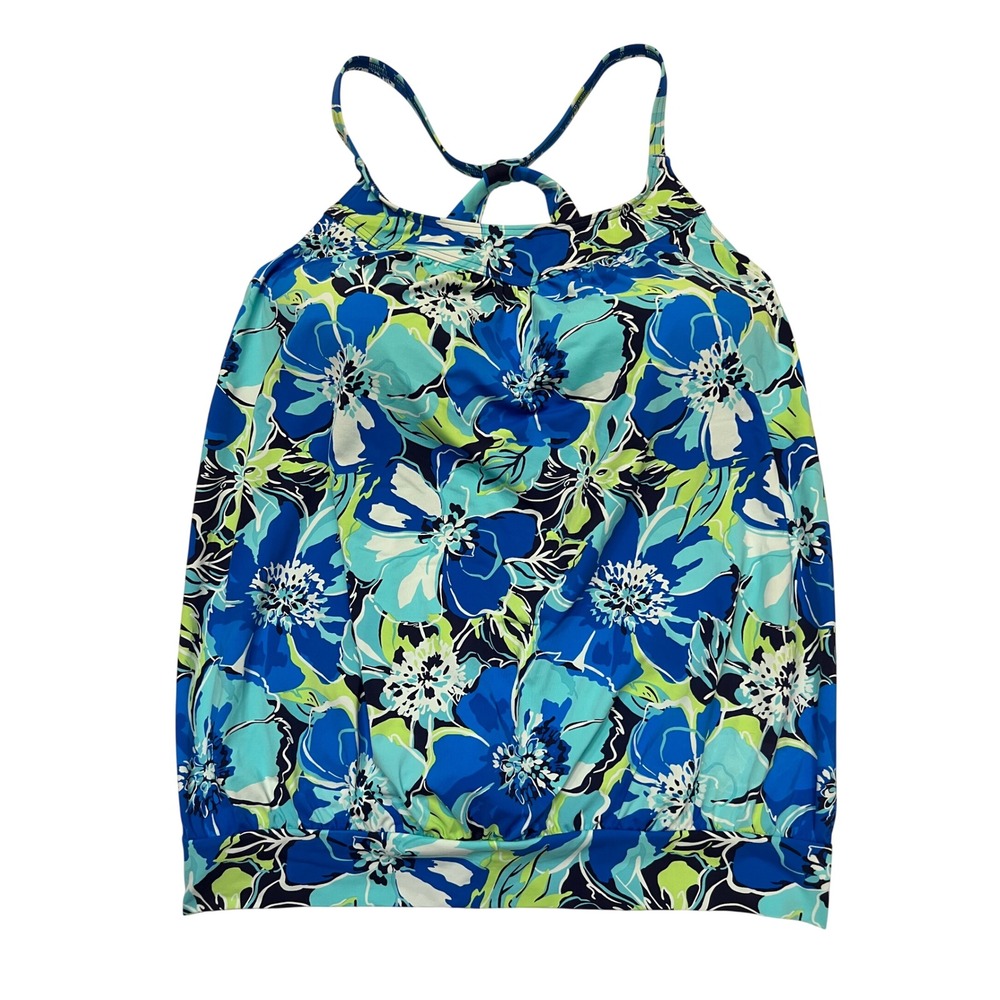 Lands' End Blue Green Floral Blouson Cross Back Tankini Swim Top Size 14